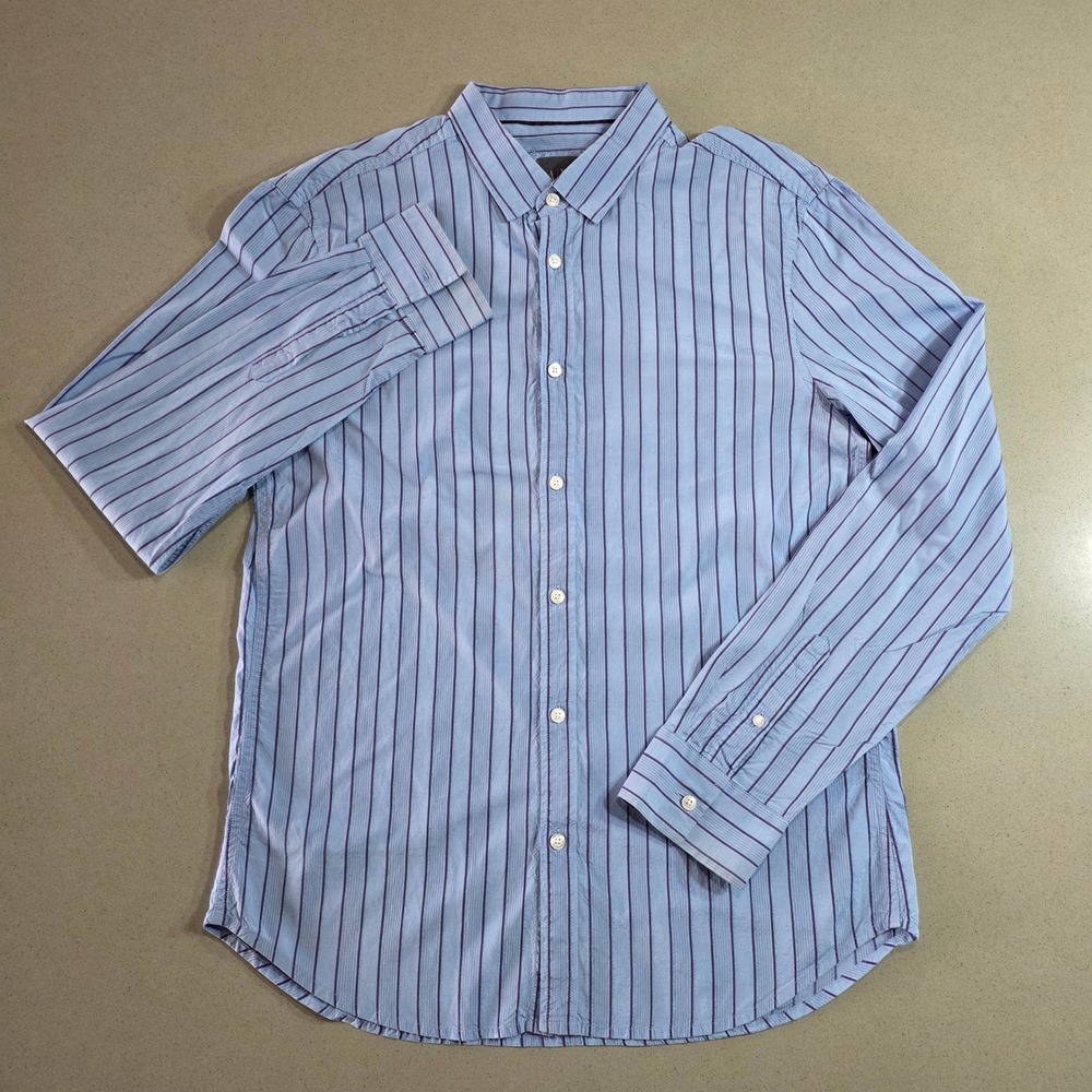 Armani Exchange Mens Large Blue Striped Italian Fabric Button Down Shirt H-0074